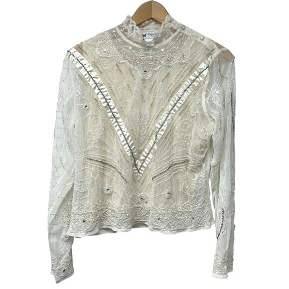 New Vintage Papillon Cream Lace Beaded Sequin Blouse Lined Top Party Size Large - Picture 1 of 7